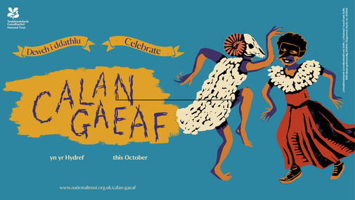 Illustrated Calan Gaeaf graphic featuring characters from Welsh folklore on a blue background.